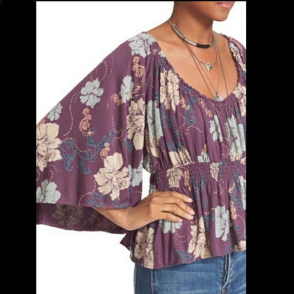 Top Free People Imprimé Floral - Taille M, Prune, Manches 3/4, Style Bohème